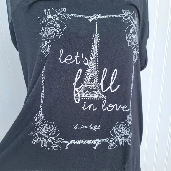SJS Women's XL T-Shirt Black Studded Let's Fall In Love Eiffel Tower Stretch Top - Picture 6 of 8
